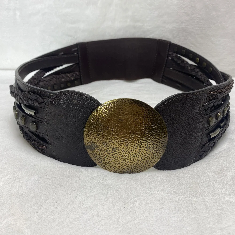Chicos Faux Leather Dark Brown Wide Braided Studded Belt‎ Fashion Accessory Chic